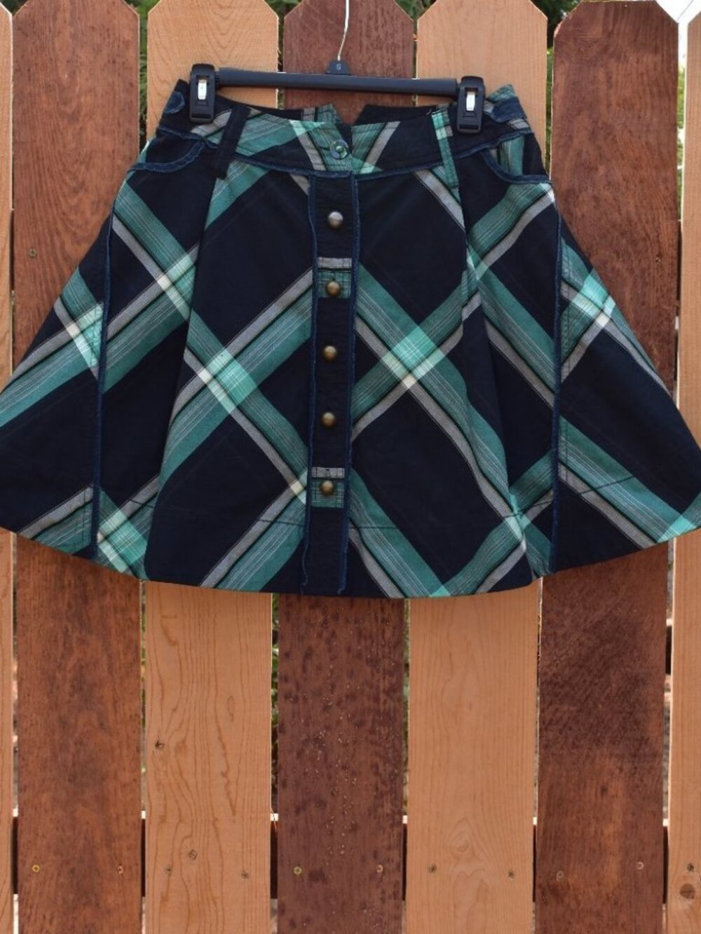 Fei  Anthropologie Green Navy Blue Plaid Mini Skirt